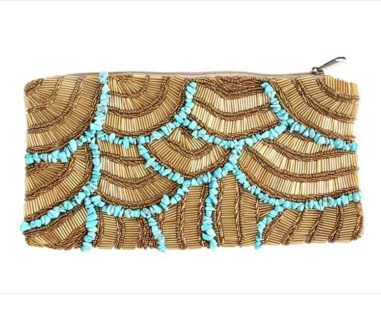 Turquoise beaded clutch bag