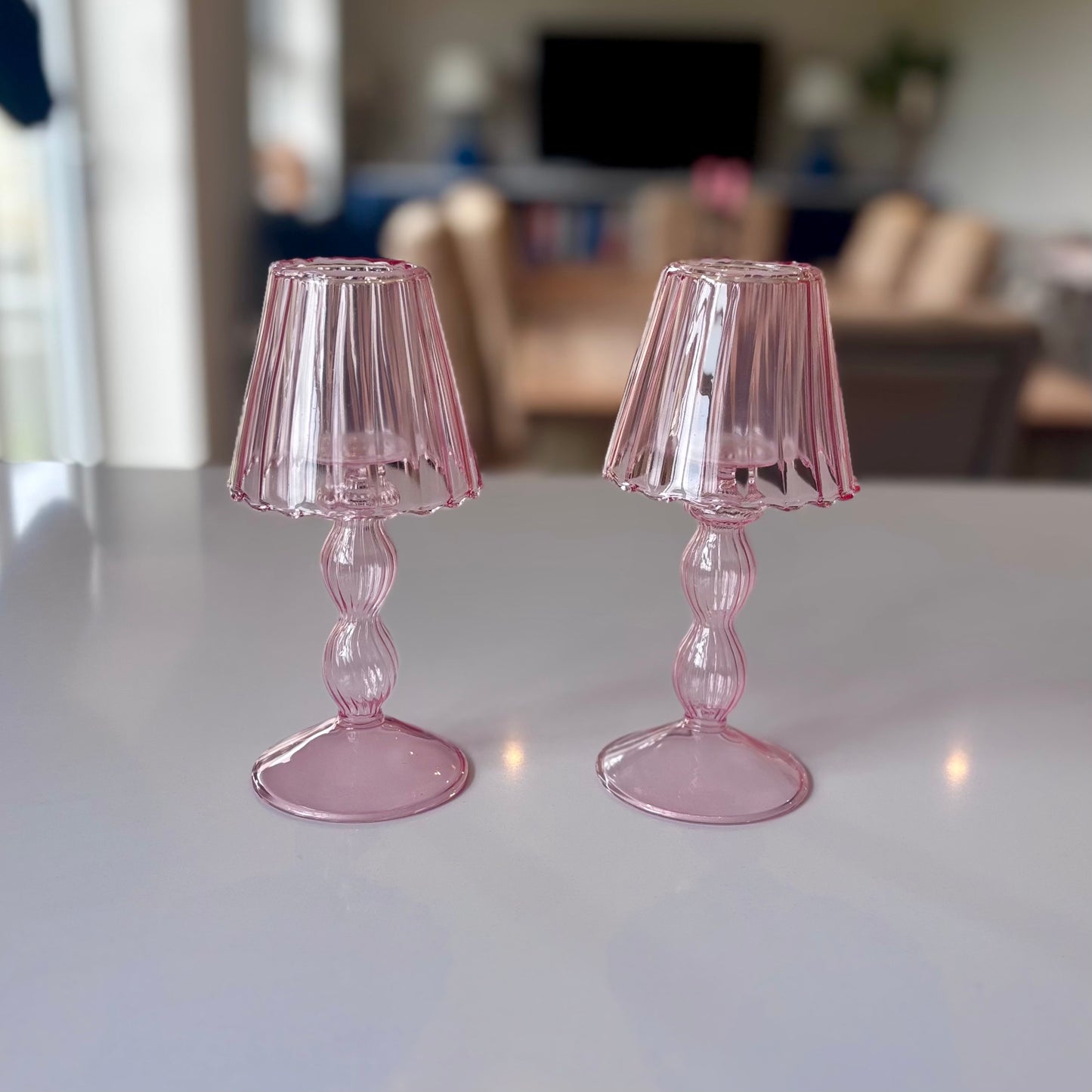 Pink Glass Lantern Tea Light holders (pair)