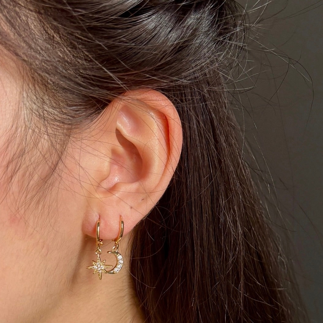 Star and Moon Huggie Earrings
