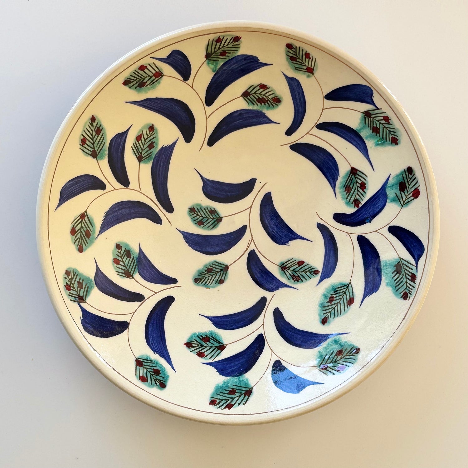Large hand painted pottery serving dish blue green red