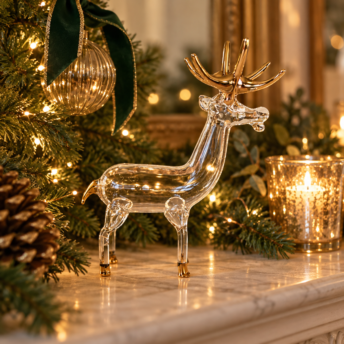 A clear  hand blown glass reindeer figurine with gold-toned antlers and hooves stands on a decorated holiday table. christmas decoration. Christmas table. Alara London