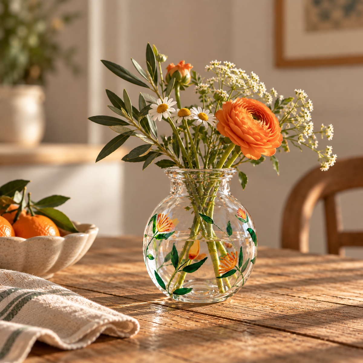 A clear hand blown glass vase with painted orange flowers and green leaves. Christmas table. Christmas gift. Alara London