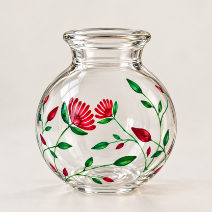 A clear hand blown glass vase with a rounded bulbous body and a short flared neck, decorated with hand-painted red flowers and green leaves on a light beige background. Christmas tables, gifts. Alara London