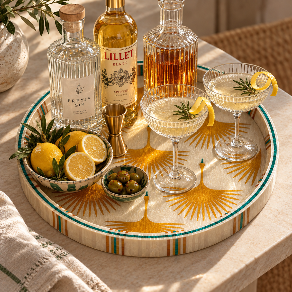 A decorative round mother of pearl inlay tray styled with two filled coupe glasses, gin and liqueur bottles, lemons, olives, and a jigger on a sunlit table. Alara London