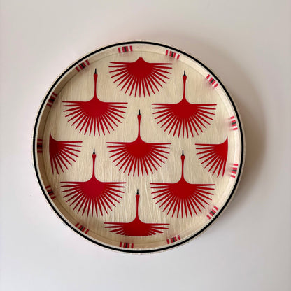 A mother of pearl inlay tray featuring a red swan pattern in natural wood, Alara london