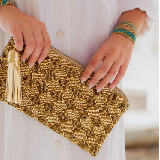 Hand beaded gold clutch bag
