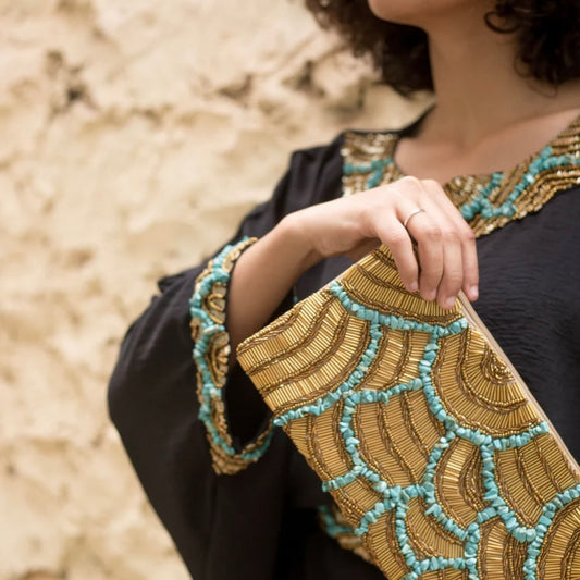Hand beaded gold and turquoise clutch bag