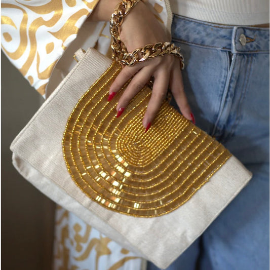 Hand beaded white and gold large clutch bag