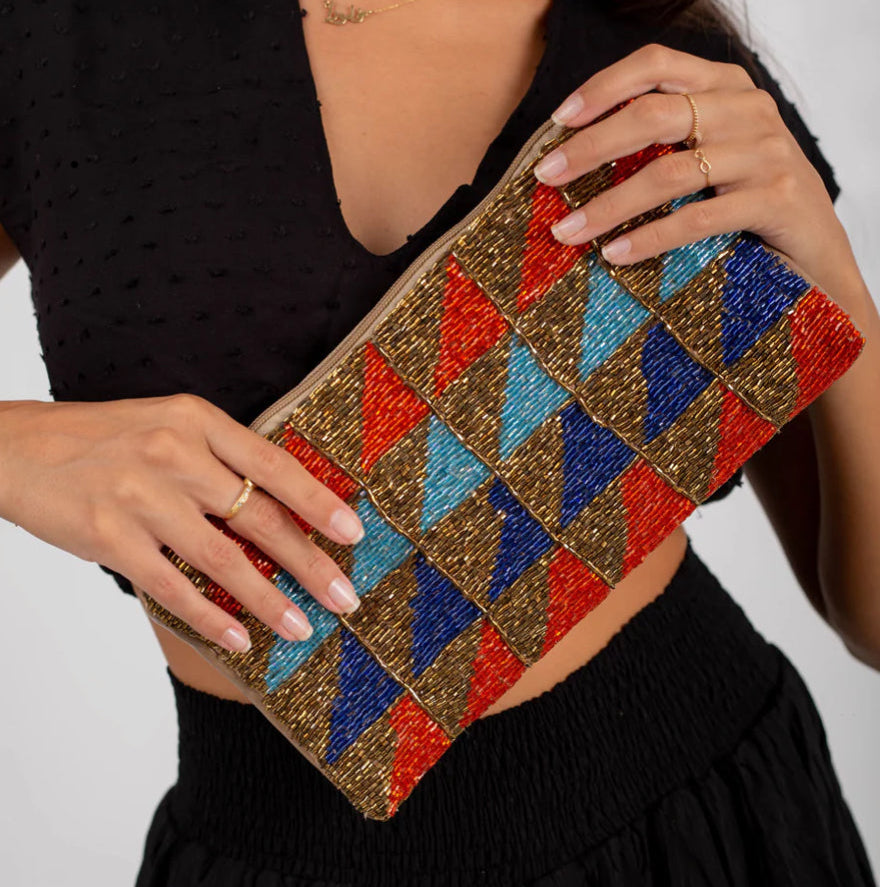 Hand beaded geometric gold blue and red clutch bag