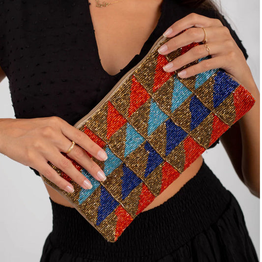 Hand beaded geometric gold blue and red clutch bag