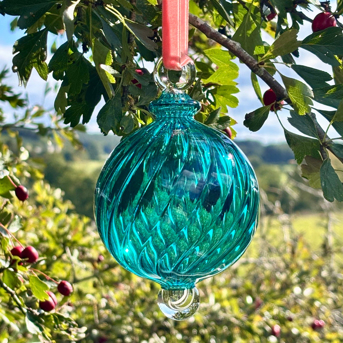Hand blown Turquoise Christmas bauble 