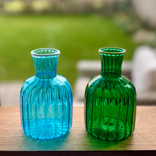 Ribbed green and blue bottle vases with conrasting trim