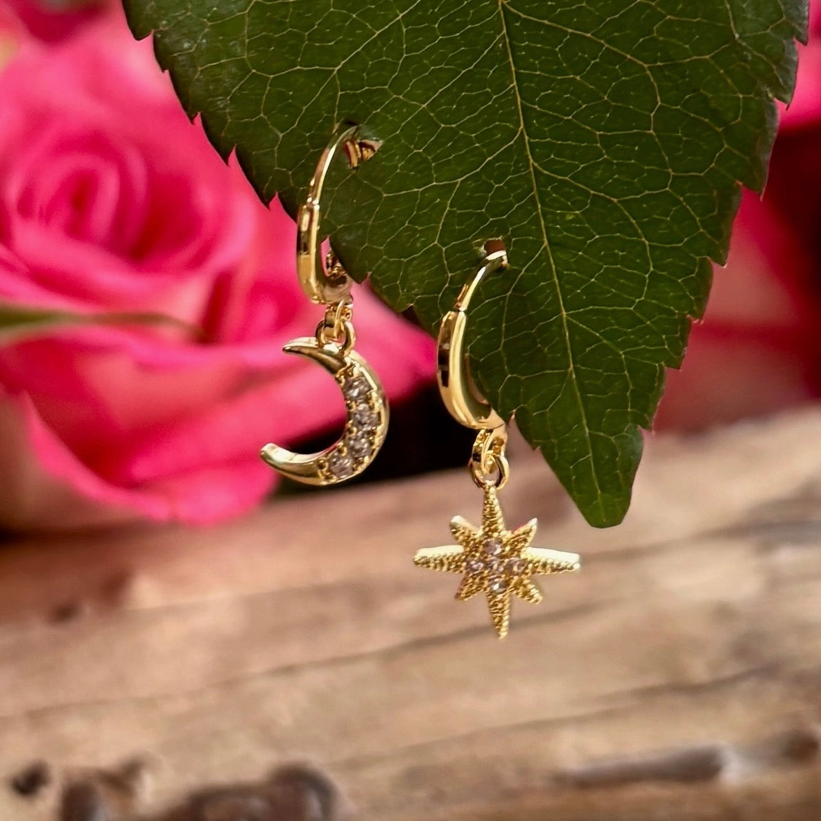Star and Moon Huggie Earrings