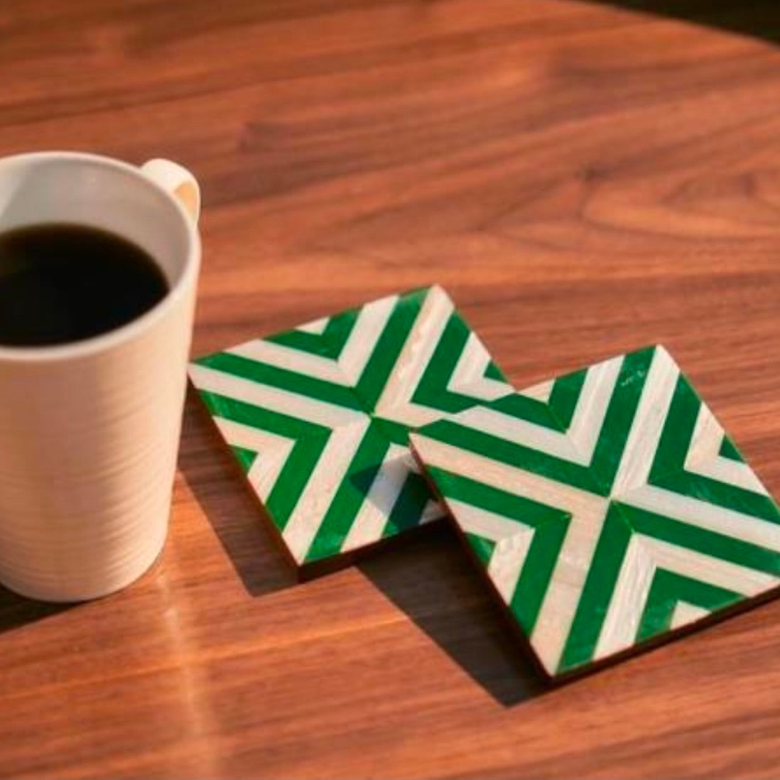 Geometric green mother of pearl coasters 